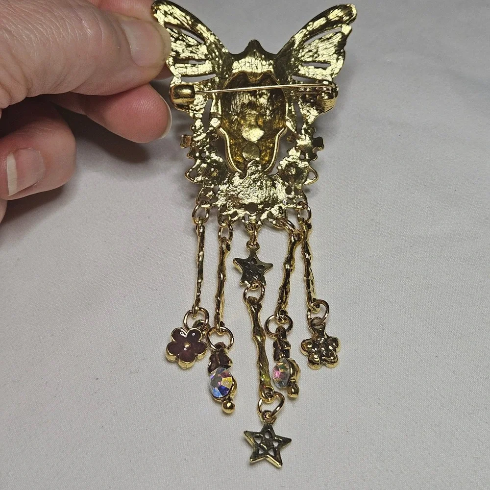 Skull Butterfly Brooch Womens Gold AB Rhinestone Gothic Dangle Pin